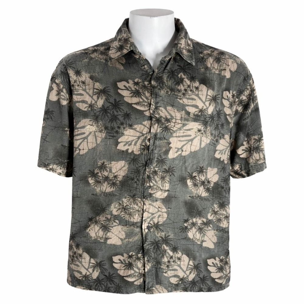 Campia Moda Hawaiian Aloha‎ Shirt 2XL Floral Palm Trees Leaf Fronds Olive-Green